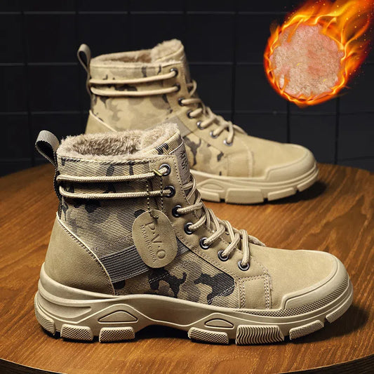 🔥👞【39-44】2024 toamnă și iarnă noua tendință de modă cizme Martin îngroșate de catifea pentru bărbați model de camuflaj-3862511