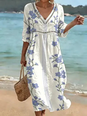 ✨Rochie lungă din bumbac și in cu imprimeu floral, stil estival, decolteu în V, talie definită.