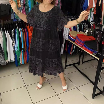 🔥【Reducere -50%!】✨✨【S-5XL】Rochie nouă tip tricou cu mânecă scurtă și gât rotund din dantelă