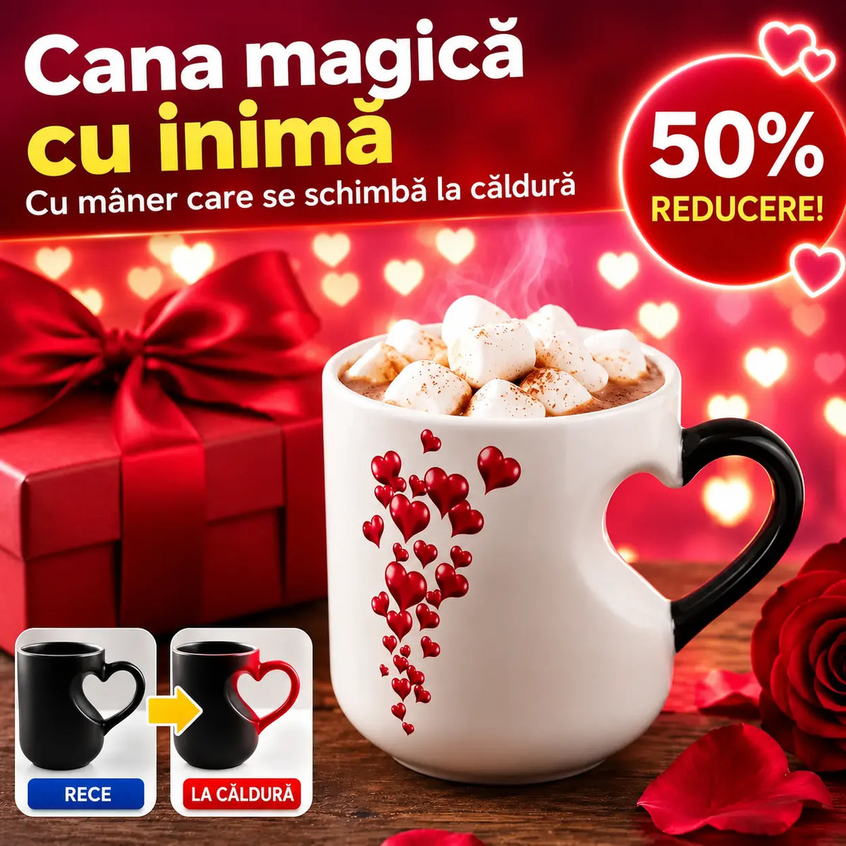 ☕ Cană romantică din ceramică, în formă de inimă (cu mâner care își schimbă culoarea) 💝✨