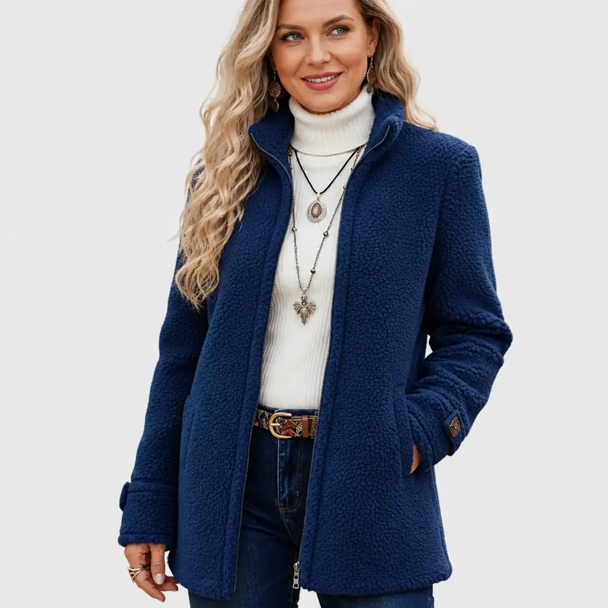 Palton lejer de damă din lână, cu fermoar și căptușeală din fleece, mărimi S–3XL