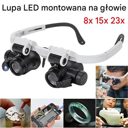 🔍 Lupe s okuliarmi 8x, 15x a 23x s LED osvetlením. Prispôsobená pre mechanické nástroje, opravu hodín, rezbu a ohodnotenie starodávnych bižútov.