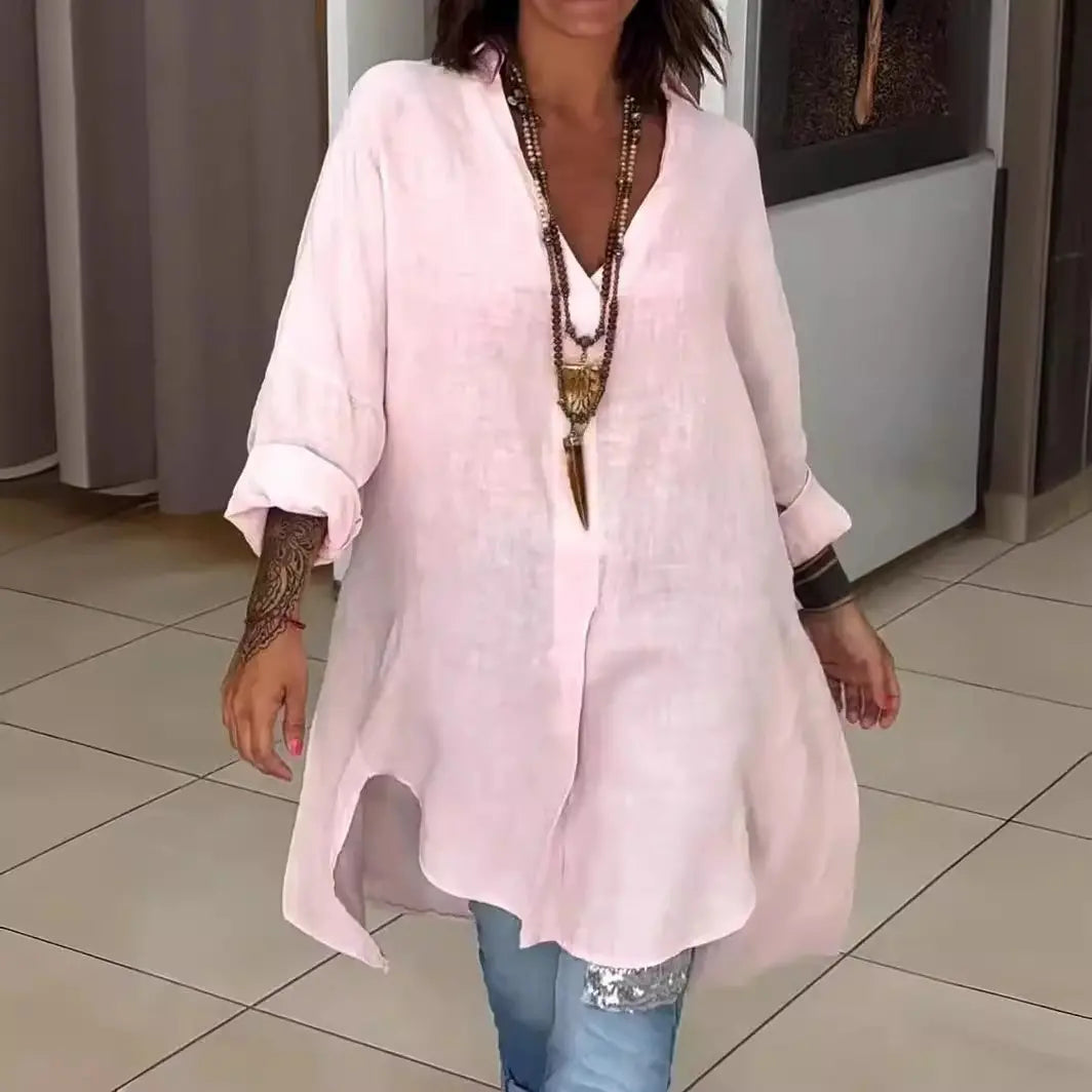 🔥Rochie cămașă casual din bumbac și in, cu crăpătură👚
