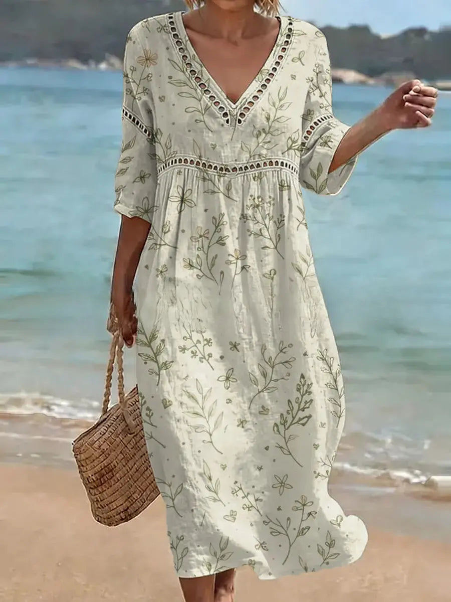 ✨Rochie lungă din bumbac și in cu imprimeu floral, stil estival, decolteu în V, talie definită.