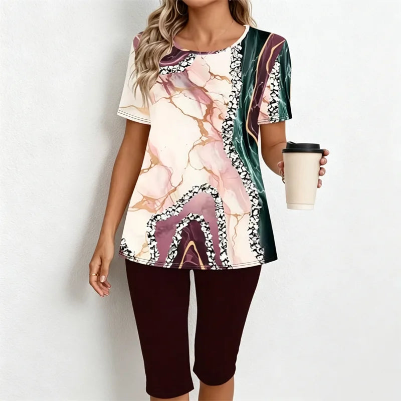 🎁【Tricou + pantaloni】Set casual din două piese pentru femei cu imprimeu marmorat, confecționat dintr-un material moale, respirabil și elastic