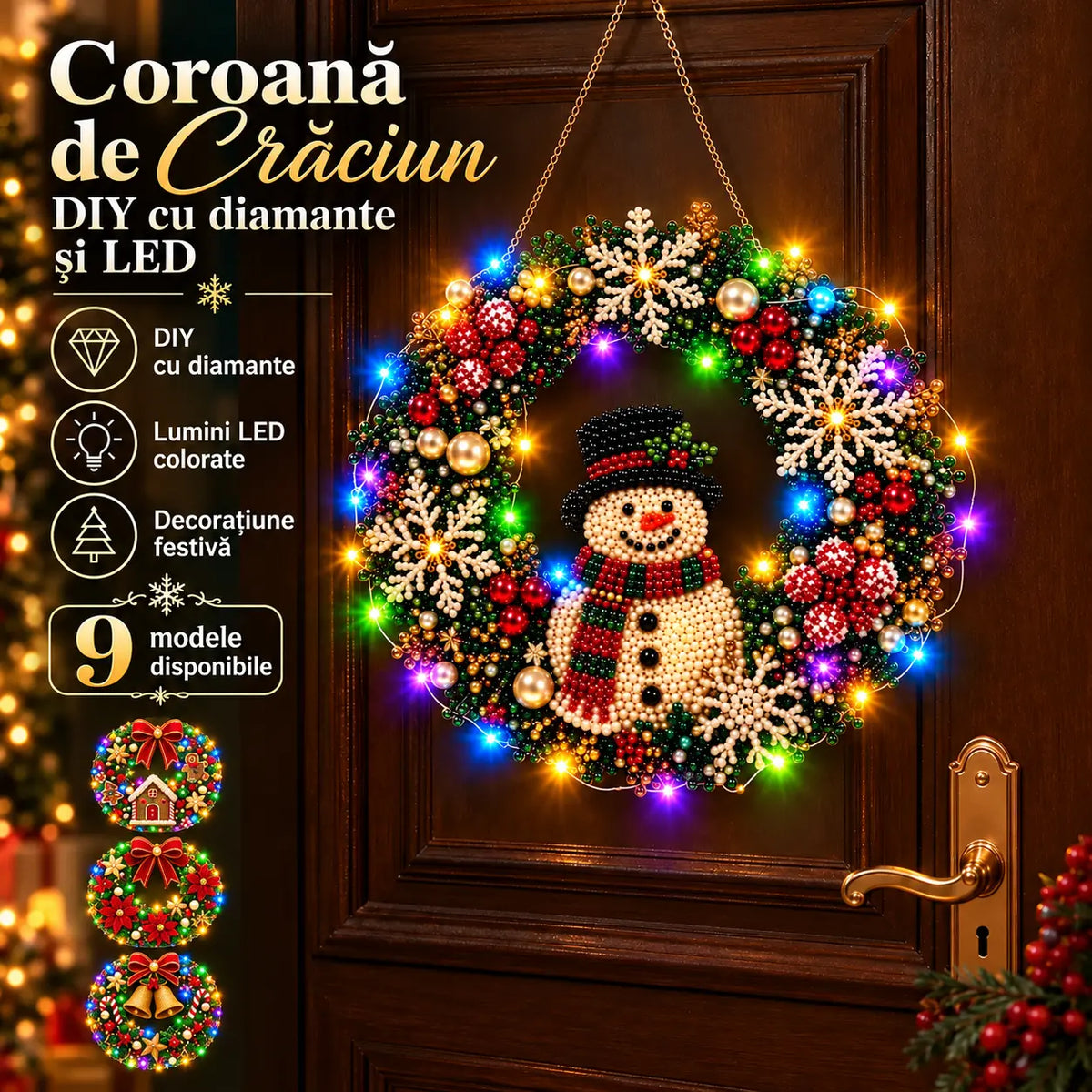 🎄 Coroniță DIY de Crăciun cu Diamante, Perle și Lumini LED! Placă Acrilică Rezistentă · 9 Modele Festive · Decor Perfect pentru Uși, Pereți și Fereastră · Cadou Creat cu Suflet!