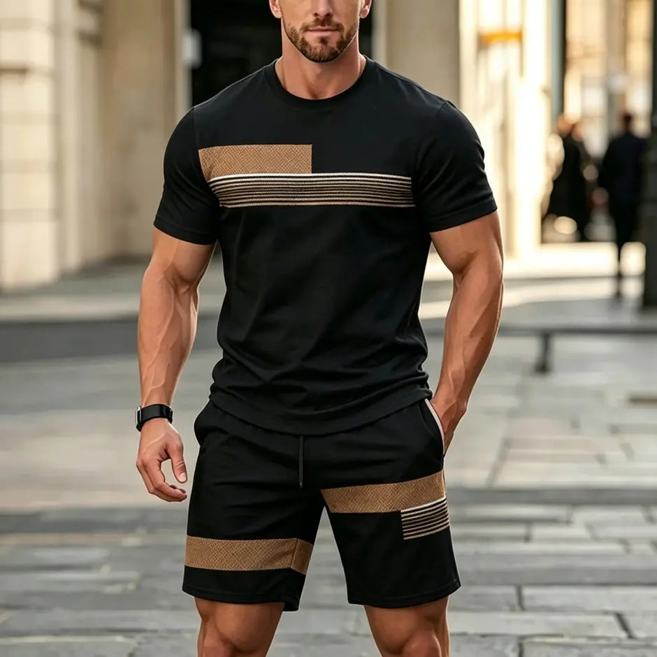 ✨Set sport bărbătesc din două piese, ideal pentru vară: tricou confortabil cu mânecă scurtă și pantaloni scurți.