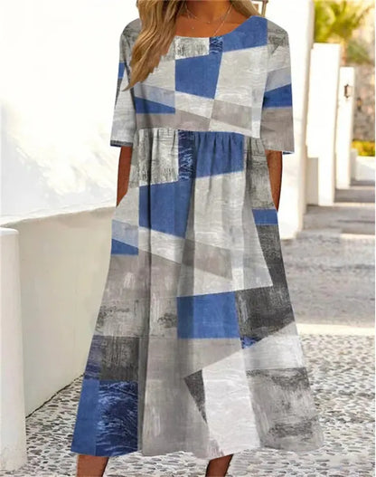 🌸Rochie nouă de vară pentru femei, cu decolteu rotund și model, în mărimi mai mari, vaporoasă și casual