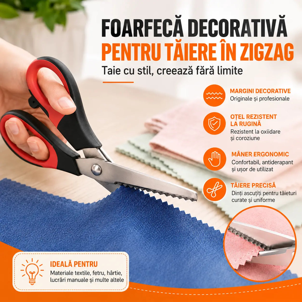 ✂️ Foarfecă multifuncțională cu lame în zigzag – pentru țesături, hârtie și proiecte de artizanat 🧵