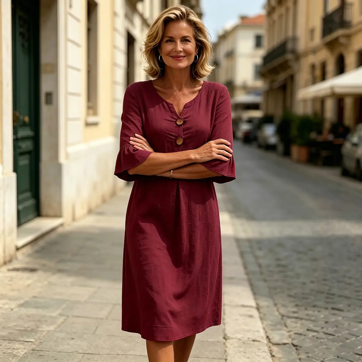 🎁【S-5XL】Rochie de damă din bumbac și in, cu mâneci bufante și nasturi