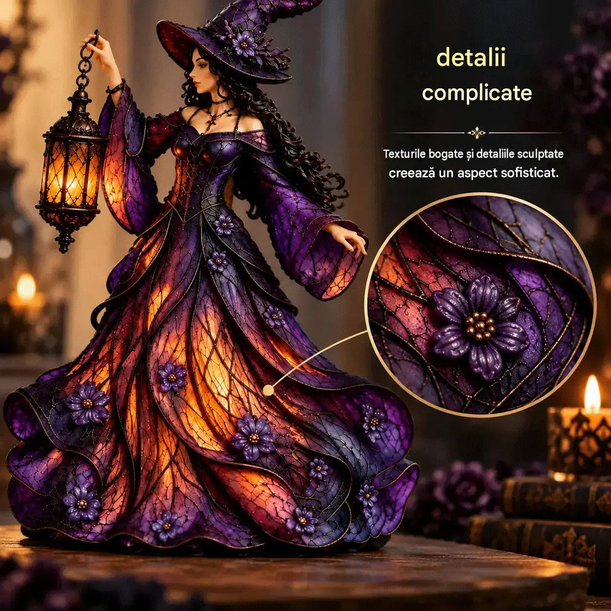 🧙‍♀️ Figurină gotică de vrăjitoare pentru Halloween, cu felinar LED 🧙‍♀️