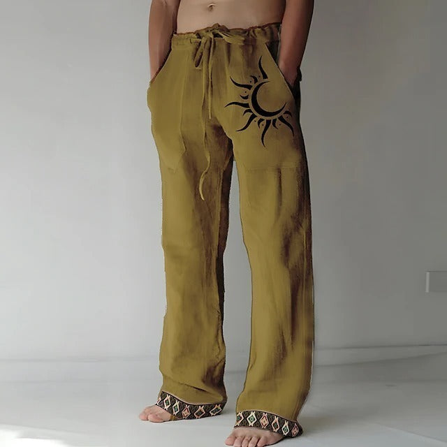 Pantaloni bărbătești mărimi mari din bumbac și in, cu imprimeu cu lună🌙