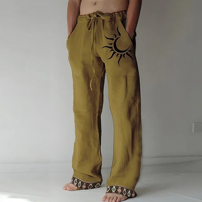 Pantaloni bărbătești mărimi mari din bumbac și in, cu imprimeu cu lună🌙