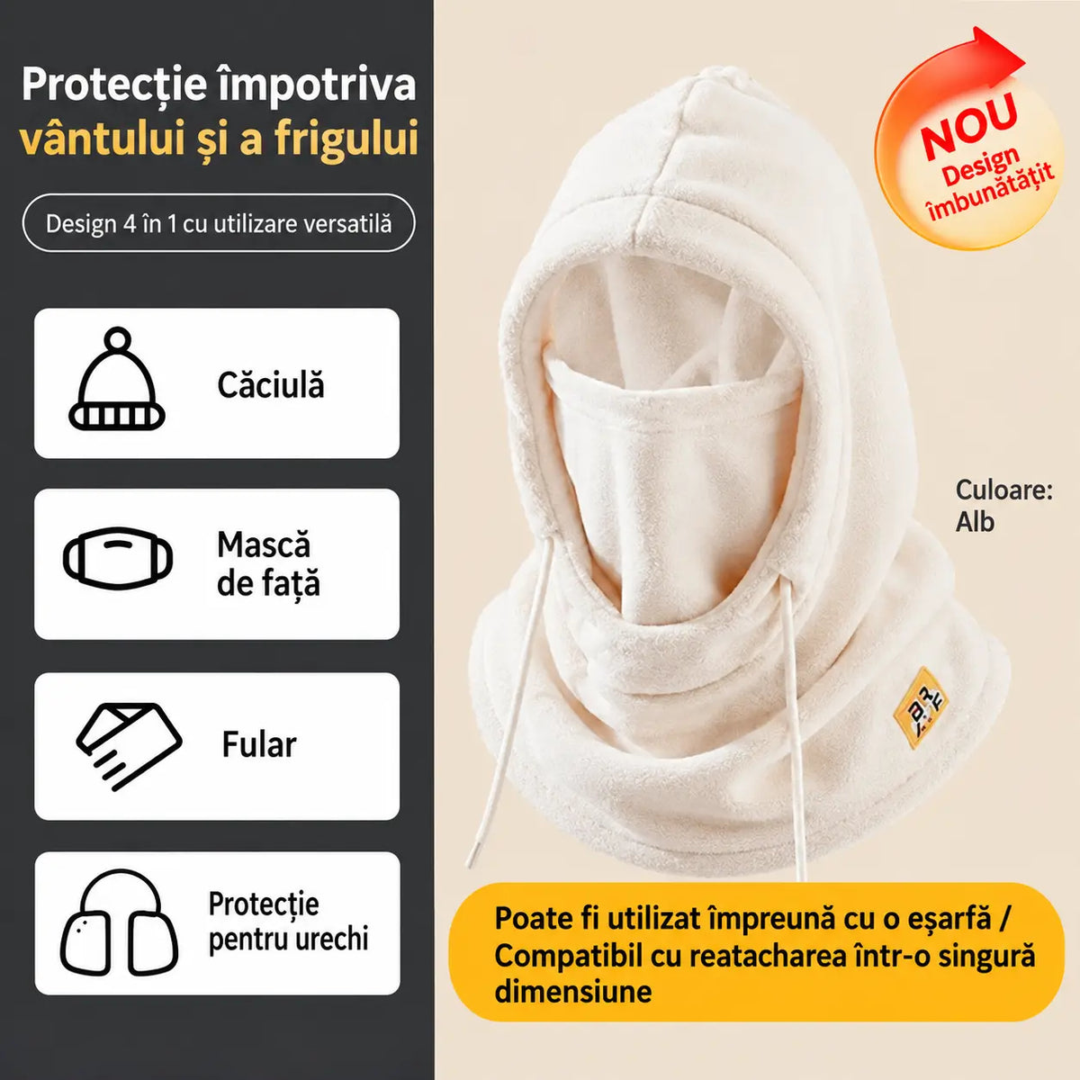 ❄️ Cagulă termică cu acoperire completă și căptușeală din fleece, concepută pentru protecție împotriva frigului chiar și la temperaturi de până la -20°C. ⛷️ Ideală pentru schi, motociclism și activități în aer liber