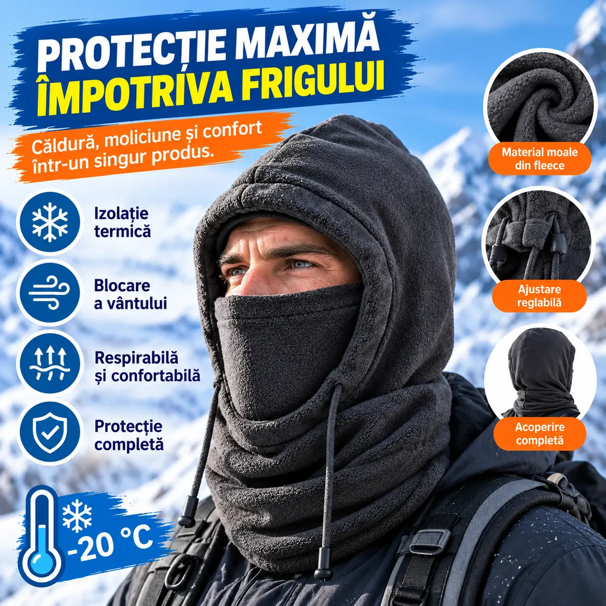 ❄️ Cagulă termică cu acoperire completă și căptușeală din fleece, concepută pentru protecție împotriva frigului chiar și la temperaturi de până la -20°C. ⛷️ Ideală pentru schi, motociclism și activități în aer liber