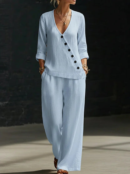 🥰【Bluză + Pantaloni】(40-120 kg) Set din două piese - Bluză simplă cu decolteu în V și pantaloni cu croi larg