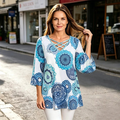 🎁Tricou de vară pentru femei, imprimeu retro, decolteu în V cu bretele încrucișate, material moale.