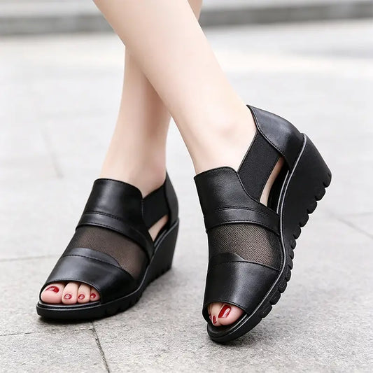 👡Sandale Elegante Franceze din Piele Naturală cu Toc Wedge