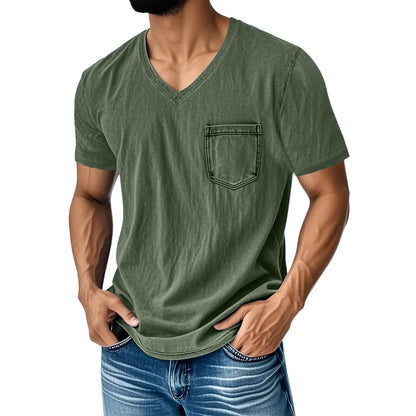 👔 50% reducere🔥【40-120 kg】Tricou bărbătesc din denim, casual, lejer, cu decolteu în V și mânecă scurtă ✅️Ramburs la livrare