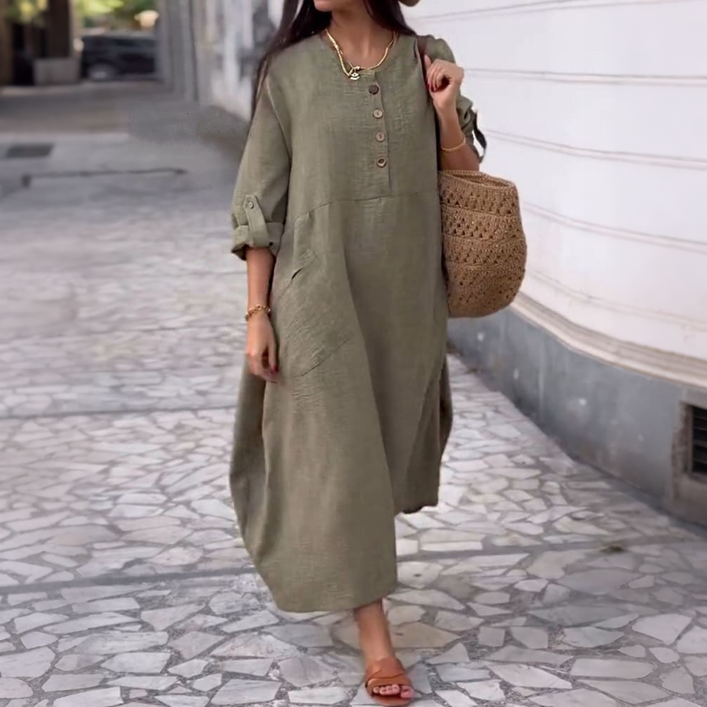 💃【40-120kg】Rochie de damă de vară, casual, de culoare uni, din bumbac și in, cu decolteu rotund