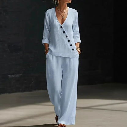 🥰【Bluză + Pantaloni】(40-120 kg) Set din două piese - Bluză simplă cu decolteu în V și pantaloni cu croi larg