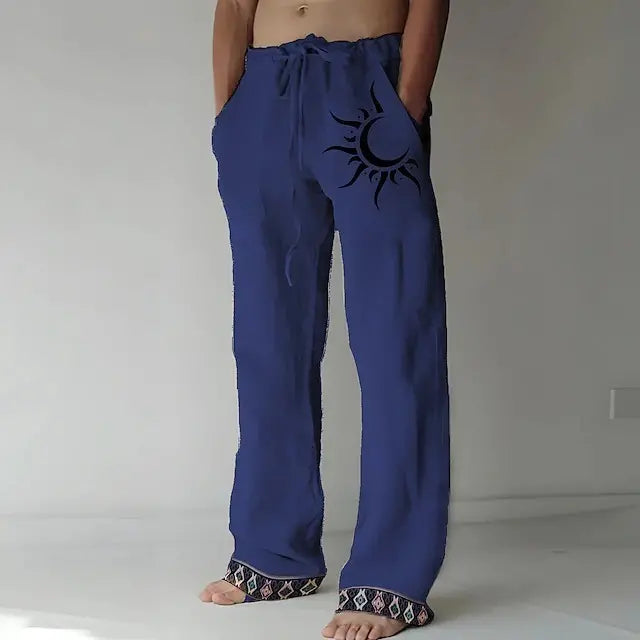 Pantaloni bărbătești mărimi mari din bumbac și in, cu imprimeu cu lună🌙