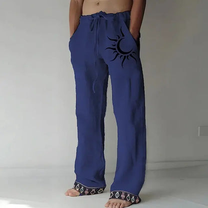 Pantaloni bărbătești mărimi mari din bumbac și in, cu imprimeu cu lună🌙