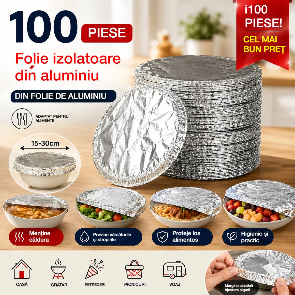 🍽️Noua husă termică pentru mâncare ⏰ Folie de aluminiu rezistentă pentru acoperirea vaselor, ideală pentru mesele zilnice