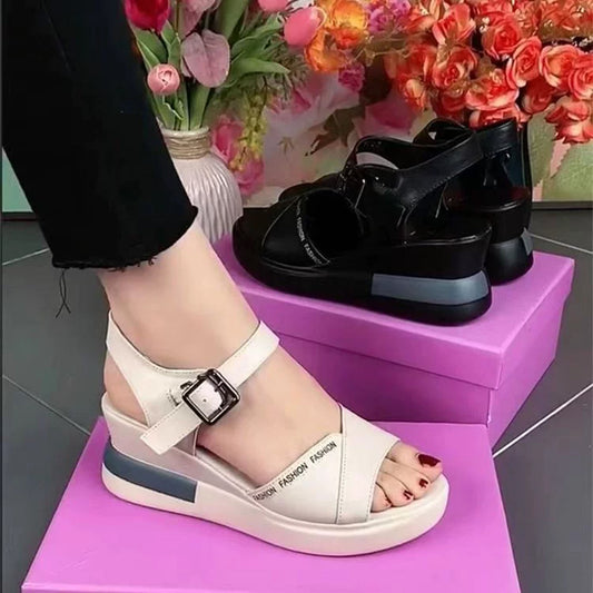 🌺 Rozmiar: 35-40 🥰 Miękkie skórzane sandały, Nowa kollekja, Platforma z grubym obcasem, Przód rybie usta, Odkryte miejsce 