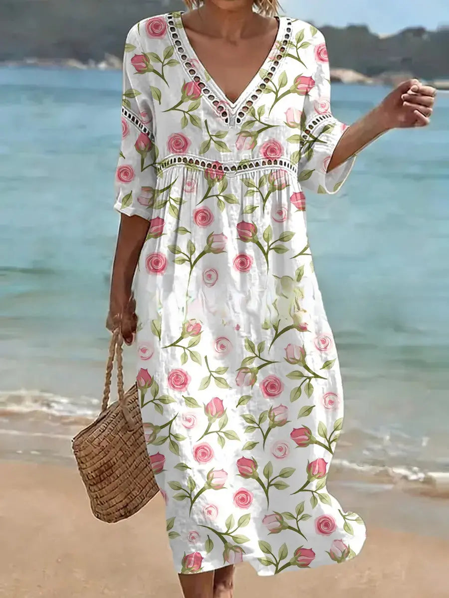 ✨Rochie lungă din bumbac și in cu imprimeu floral, stil estival, decolteu în V, talie definită.
