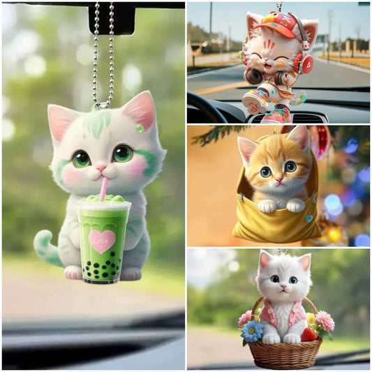 🐱[5/10 bucăți] Pandantiv pisică cu ceai de lapte, pandantiv acrilic pentru interior auto, pandantiv plat pentru oglinda retrovizoare auto, decorațiune