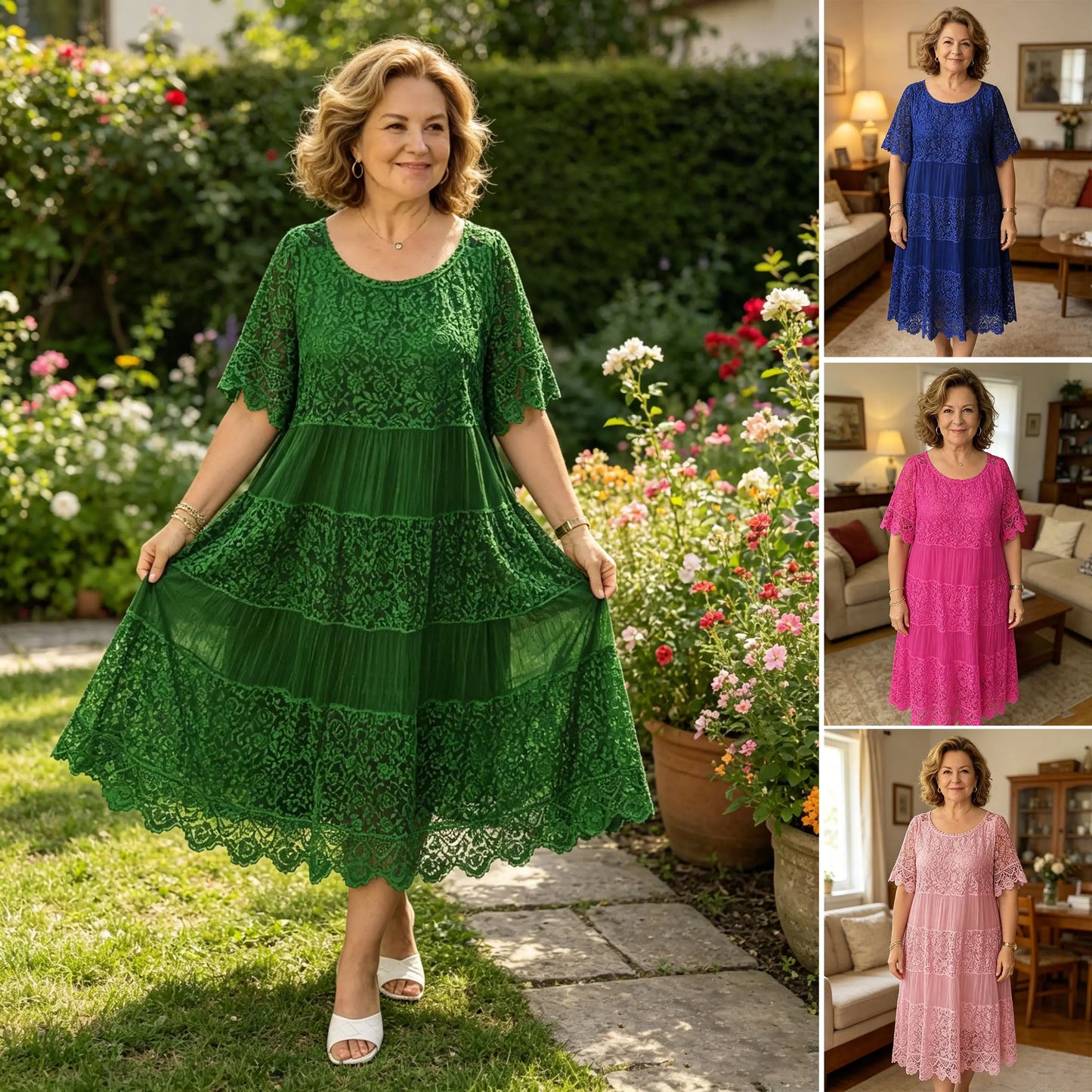 🔥✨【S-8XL】Rochie nouă cu mânecă scurtă, decolteu rotund și dantelă.