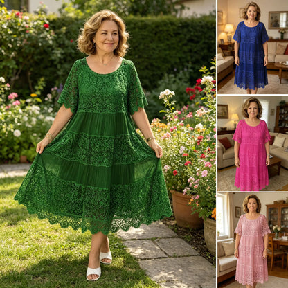 🔥✨【S-8XL】Rochie nouă cu mânecă scurtă, decolteu rotund și dantelă.