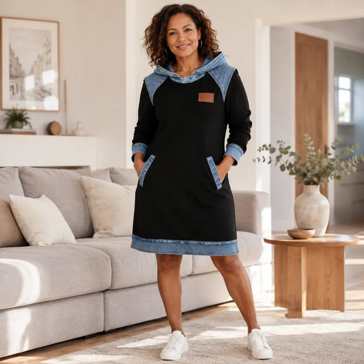 🔥🌷🌞 Noutate de iarnă: Rochie modernă din denim, cu glugă și design patchwork