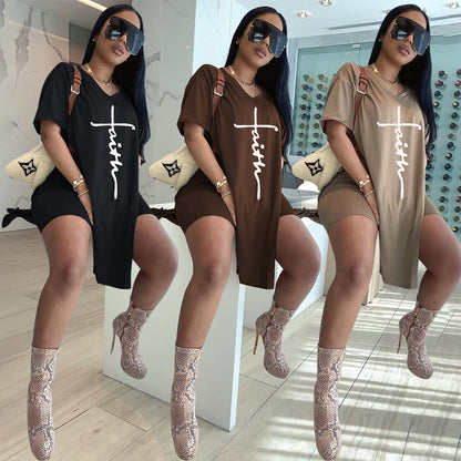 🔥【Ultima zi a promoției de vară】【Top + pantaloni】Set tricou și pantaloni scurți cu decolteu ascuțit și imprimeu cu litere