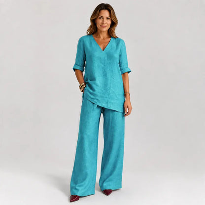 ❤️50% Reducere💥【40-100 kg】Set 2026: Top uni din bumbac și in, mânecă scurtă și decolteu în V + pantaloni casual drepți