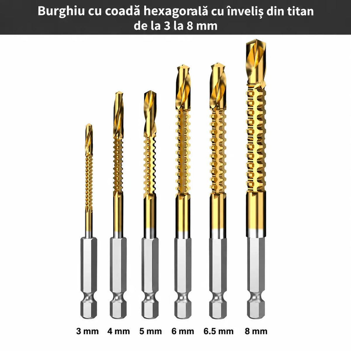 🛠️🔧【6 bucăți】Burghie elicoidale din oțel rapid cu acoperire din titan 2 în 1 – Coada hexagonală, potrivite pentru găurirea și canelarea lemnului și metalului🔩