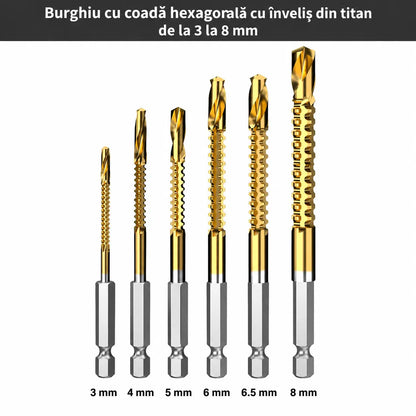 🛠️🔧【6 bucăți】Burghie elicoidale din oțel rapid cu acoperire din titan 2 în 1 – Coada hexagonală, potrivite pentru găurirea și canelarea lemnului și metalului🔩