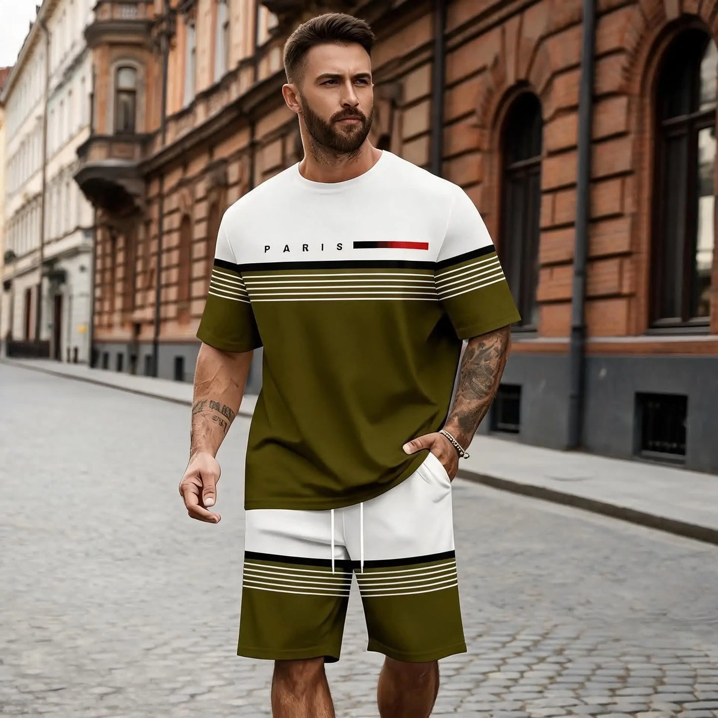 😍【S-6XL】(Bluză + Pantaloni) Set bărbătesc casual și confortabil, format din cămașă cu mânecă scurtă și pantaloni scurți cu imprimeu cu litere.