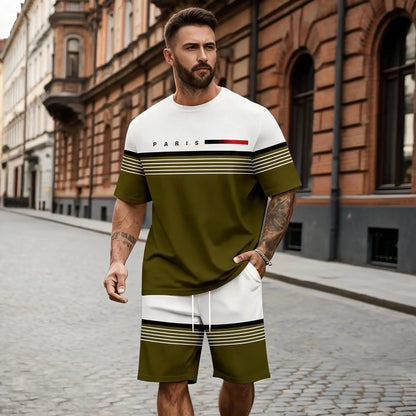 😍【S-6XL】(Bluză + Pantaloni) Set bărbătesc casual și confortabil, format din cămașă cu mânecă scurtă și pantaloni scurți cu imprimeu cu litere.