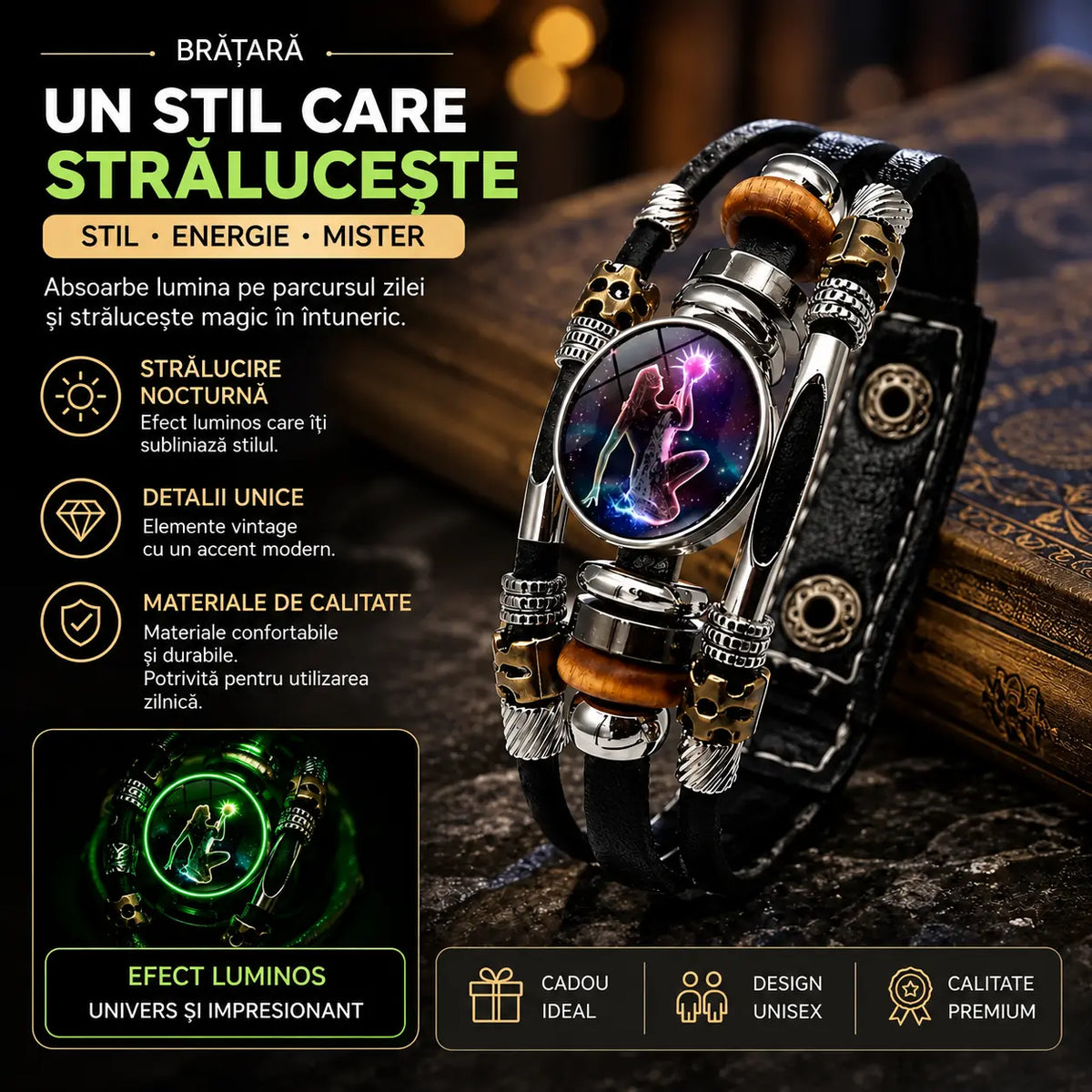 🌙 Brățară din piele luminoasă, cu simbol zodiacal – design împletit în 3 straturi, lungime reglabilă, unisex 💫✨
