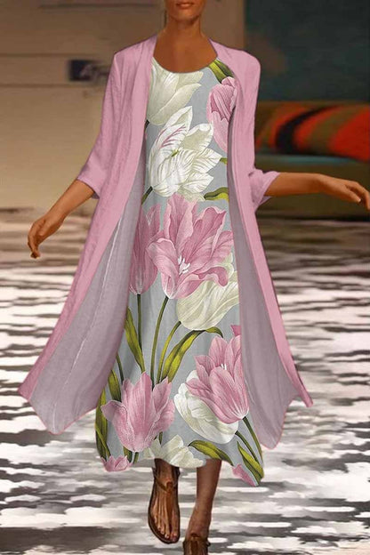 🌻 Reducere -50%🔥【40-120 kg】Rochie nouă pentru femei cu imprimeu floral, rochie din două piese și decolteu rotund
