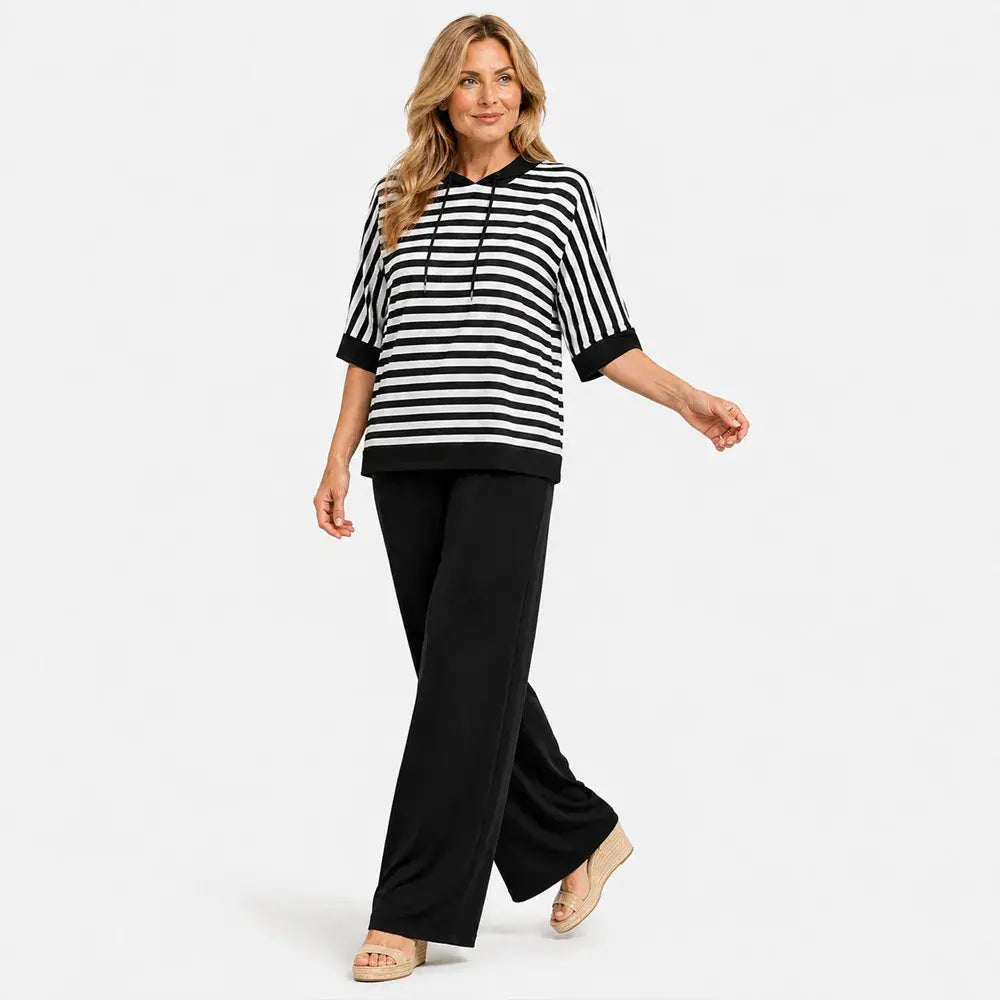 ✨Set confortabil de damă pentru purtare zilnică, bumbac, bluză cu glugă în dungi gri + pantaloni de trening largi