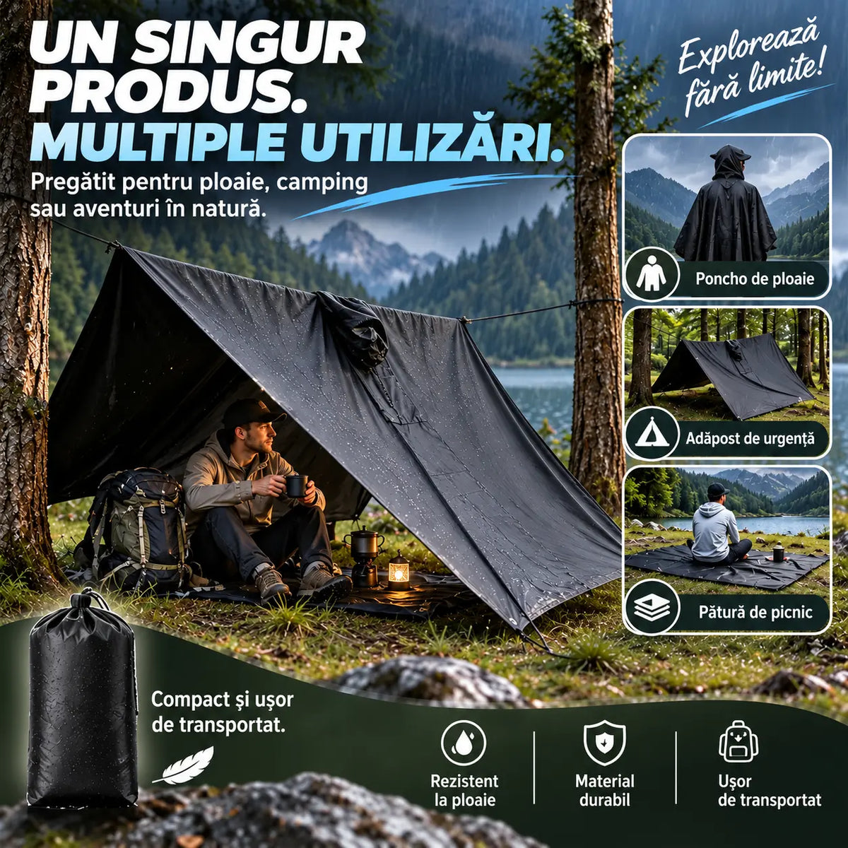 🏕️ Poncho de ploaie multifuncțional 3 în 1 | Pelerină impermeabilă + Cort de camping + Saltea de sol | Pentru drumeții și camping 🌧️