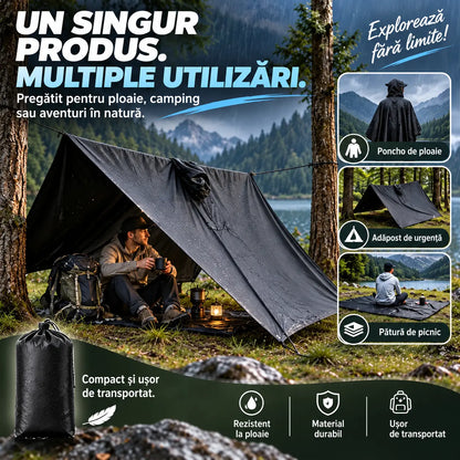 🏕️ Poncho de ploaie multifuncțional 3 în 1 | Pelerină impermeabilă + Cort de camping + Saltea de sol | Pentru drumeții și camping 🌧️