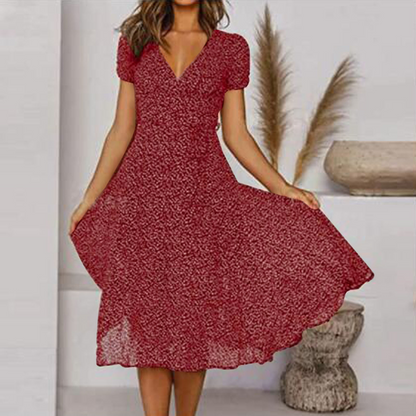 🌈👗 Reducere 50%🔥【40-100kg】Rochie cu mânecă scurtă, decolteu în V și model floral cu buline, mărimi mari