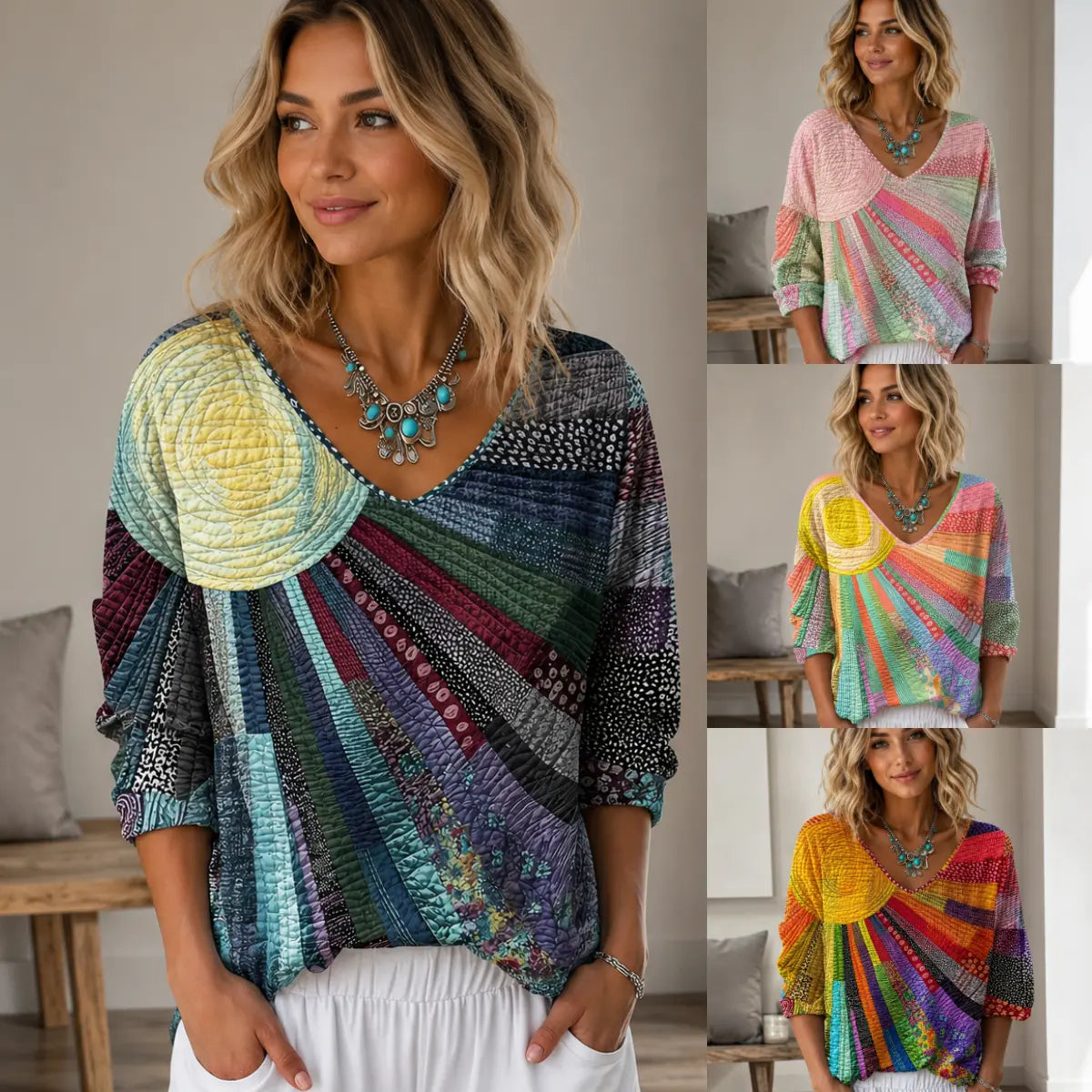 ⏰Tricou cu mânecă trei sferturi, decolteu în V, imprimeu floral retro și imprimeu artistic în gradient.