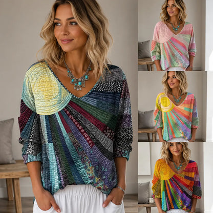 ⏰Tricou cu mânecă trei sferturi, decolteu în V, imprimeu floral retro și imprimeu artistic în gradient.