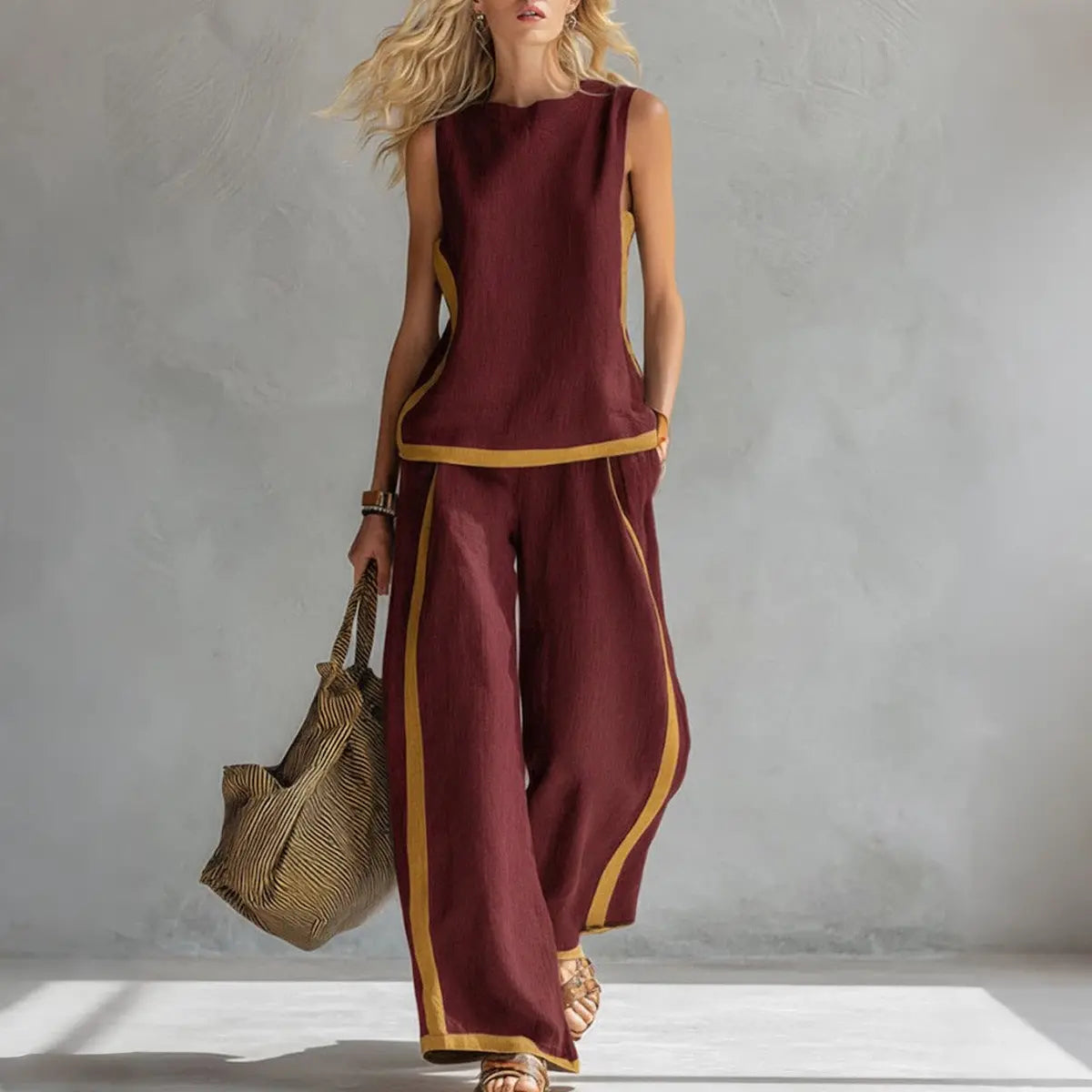 🔥😍【Top + Pantaloni】Set nou și modern din două piese pentru femei: top fără mâneci cu detalii contrastante și pantaloni cu croi larg