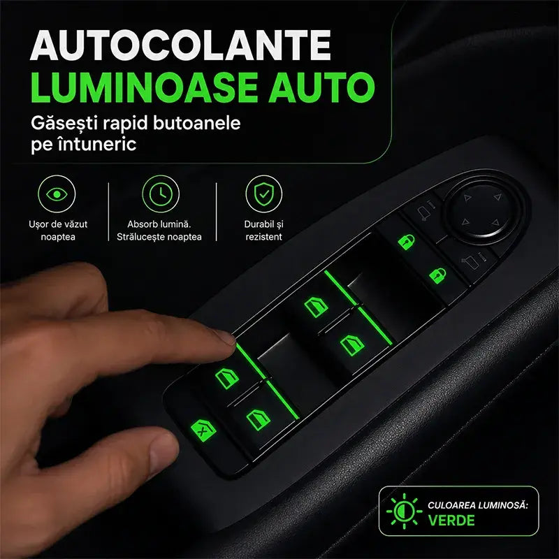 Autocolante Fluorescente/Fotoluminiscente Universal pentru Butoane Auto – Vizibilitate Perfectă Noaptea, Instalare Rapidă și Fără Urme (Set 4 Piese / Pachet Combinat) 🚗💡✨